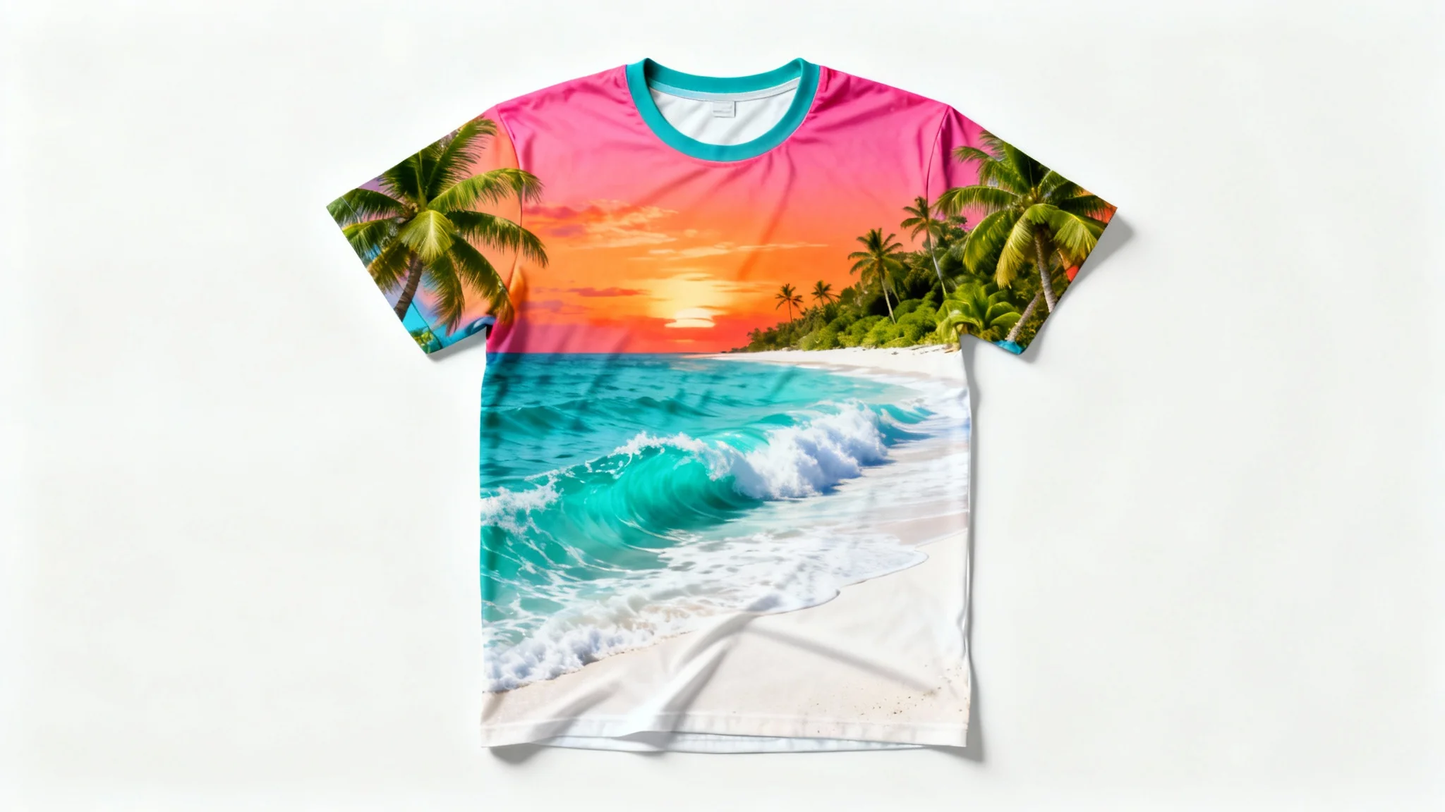 A photorealistic mockup of a sublimation t-shirt with a vibrant, all-over tropical beach scene print, laid flat on a clean white background.