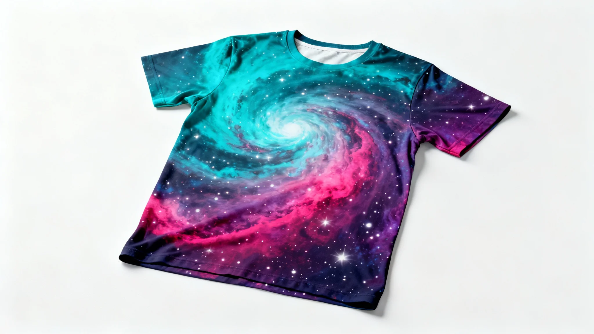 A product mockup of a t-shirt with a vibrant, colorful all-over sublimation print of a galaxy, laid flat on a clean white background.