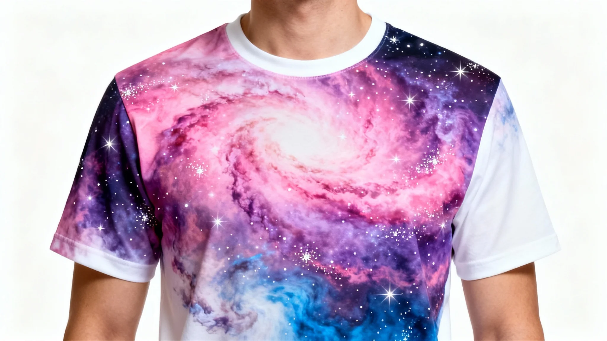 A photorealistic mockup of a person wearing a white t-shirt with a vibrant and detailed galaxy nebula sublimation print, against a solid white background.