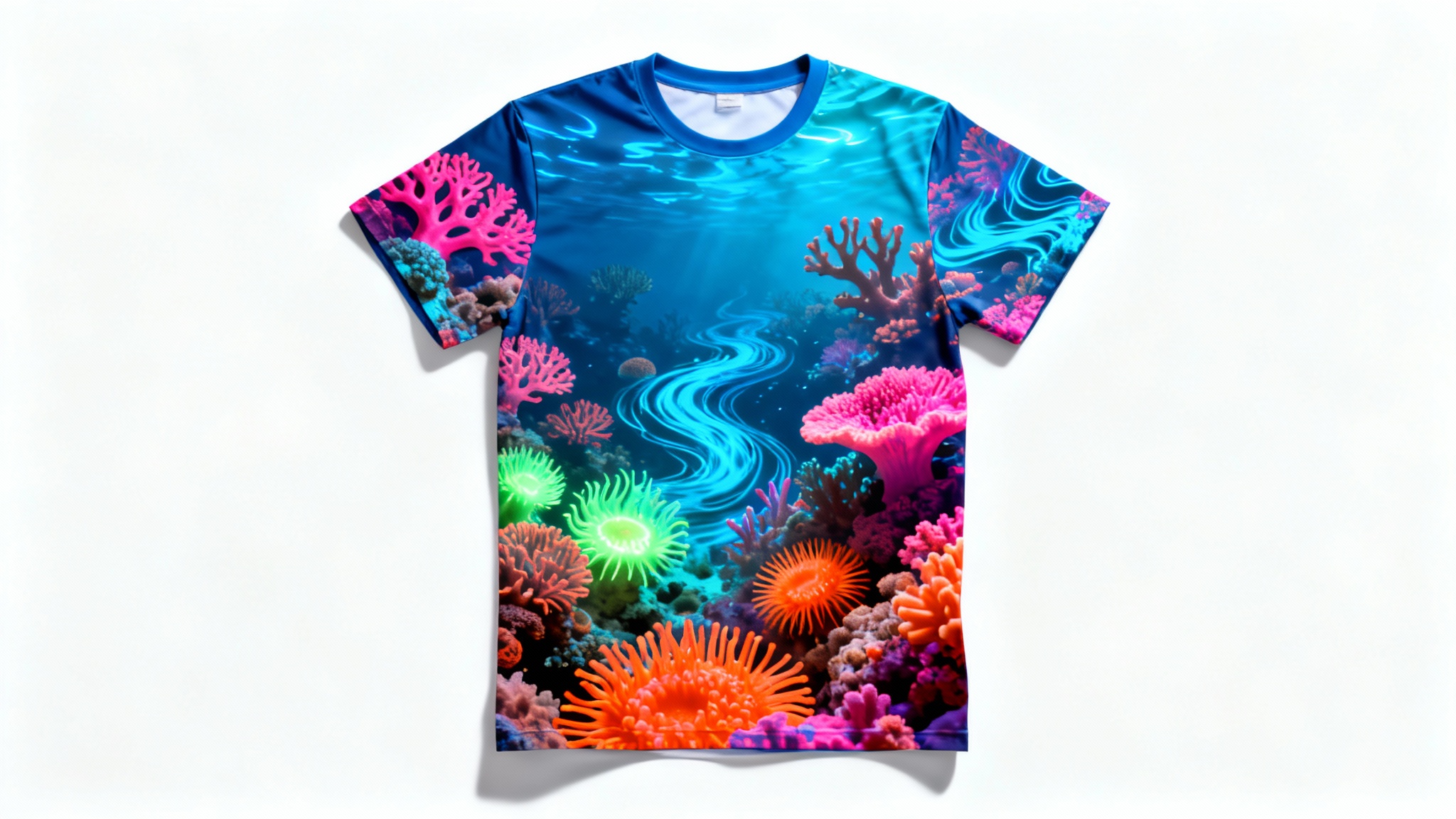 A photorealistic mockup of a t-shirt with a vibrant, all-over sublimation print of a psychedelic coral reef, laid flat on a plain white background.