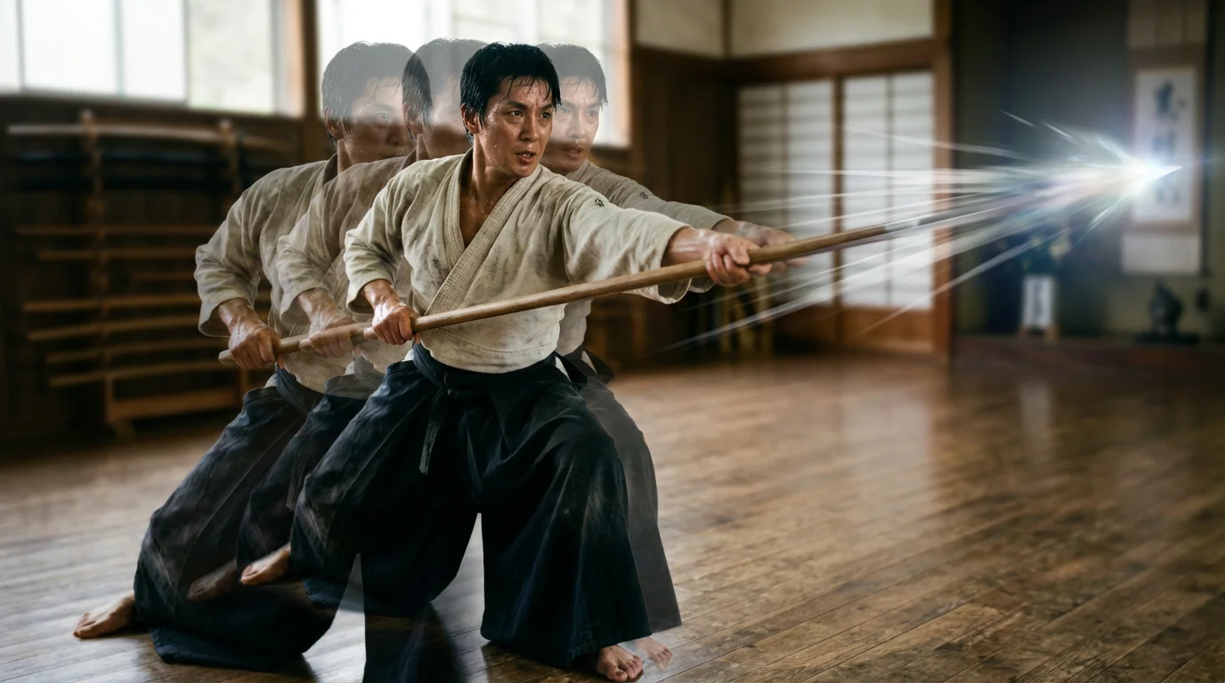 A demonstration of an animation effect, showing a martial artist's spear thrust as a sequence of overlapping, semi-transparent images to illustrate the full range of movement from start to finish.