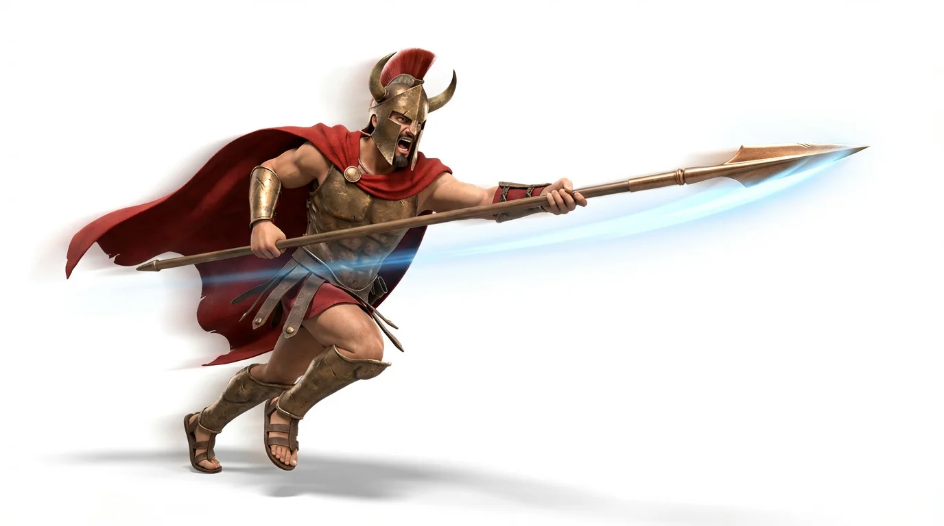 A 3D render of a stylized spartan warrior mid-lunge, executing a powerful spear thrust. Motion lines convey the speed and animation of the attack, set against a clean white background.