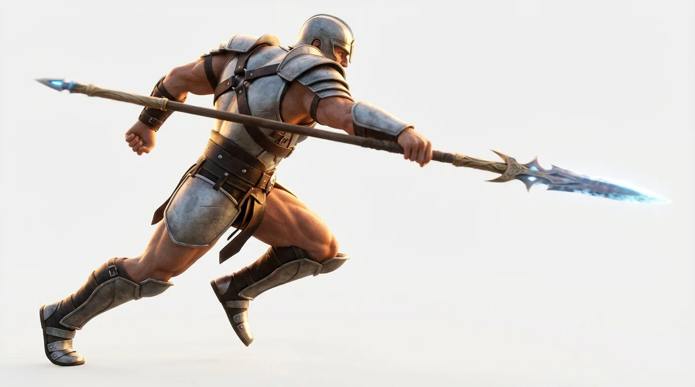 A 3D render of a warrior in the middle of a powerful spear thrust, shown in a dynamic pose against a solid white background, illustrating an animation concept.
