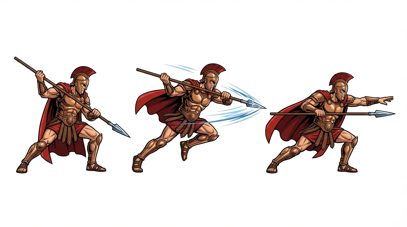 An animation sprite sheet with three keyframes showing a fantasy warrior performing a spear thrust, isolated on a white background. The sequence shows the wind-up, the lunge, and the follow-through.