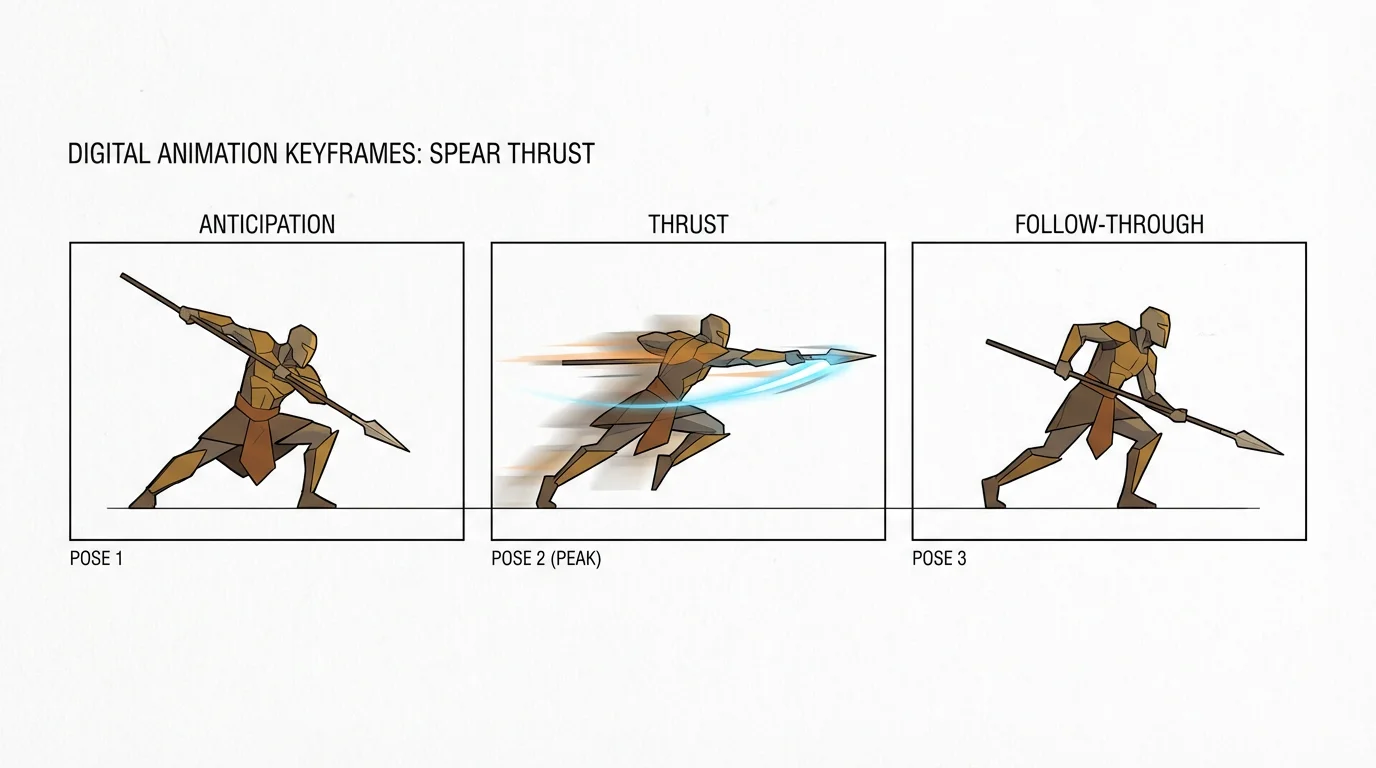 A sequence of three illustrations demonstrating a spear thrust animation, showing a stylized warrior in the wind-up, thrust, and follow-through poses against a plain white background.