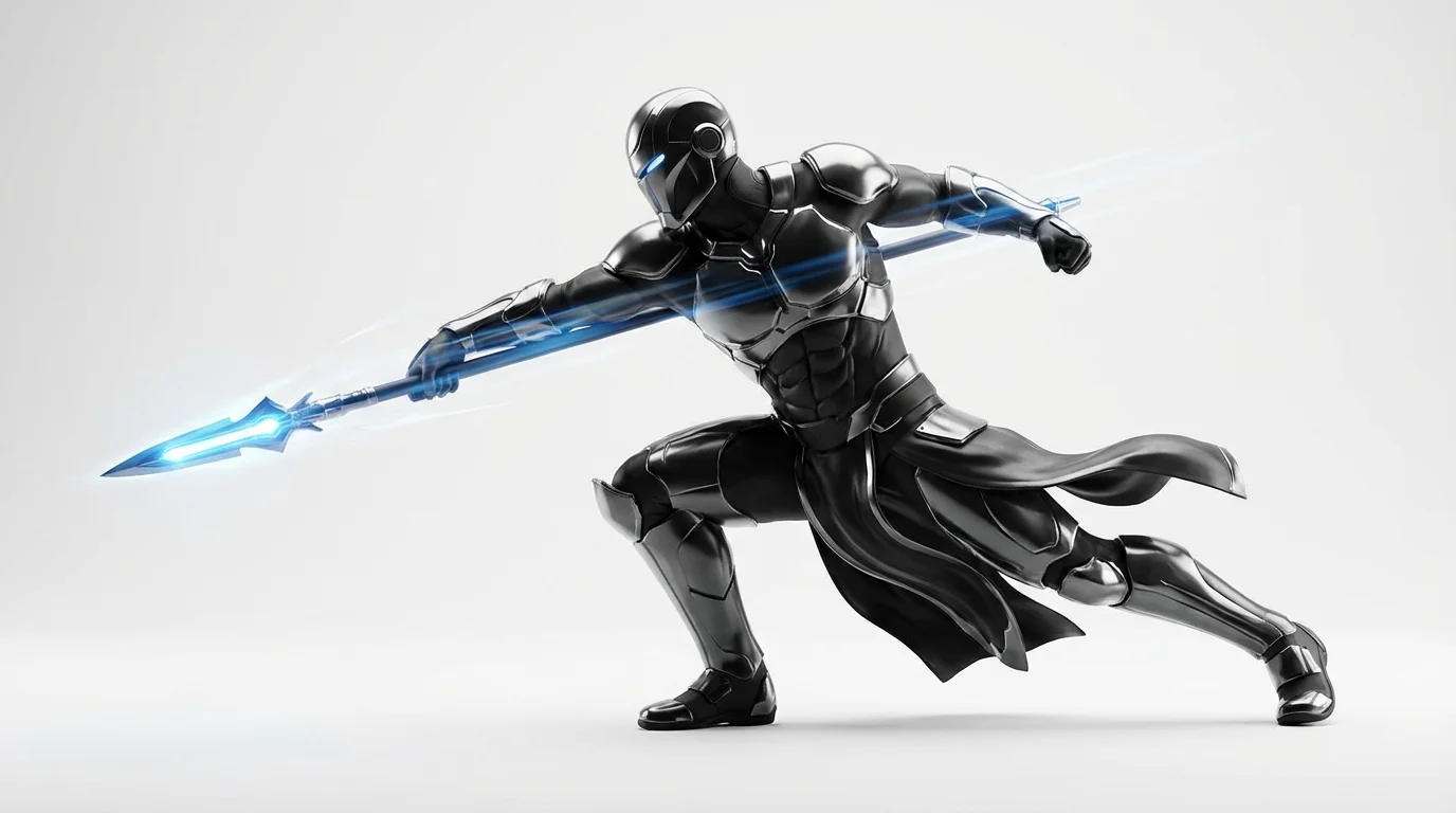 A digital rendering of a warrior in mid-lunge, thrusting a glowing spear forward, demonstrating a spear thrust animation keyframe on a white background.