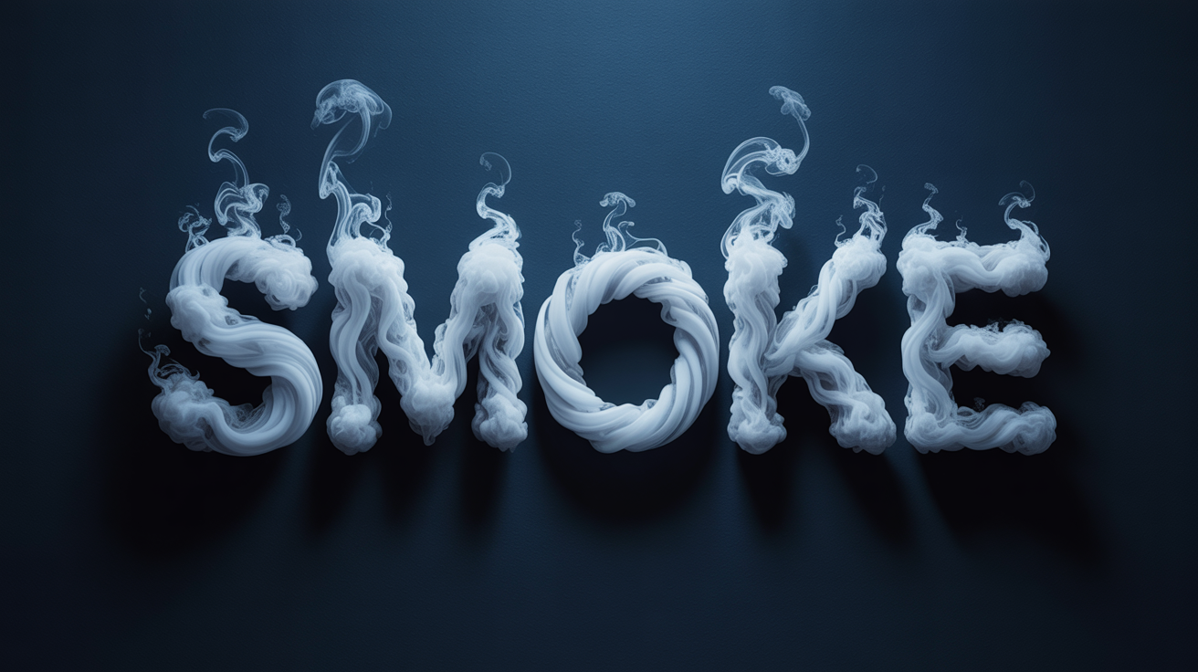 An eye-catching hero image demonstrating a smoke text effect, with the word 'SMOKE' rendered in realistic white smoke against a dark navy blue background.