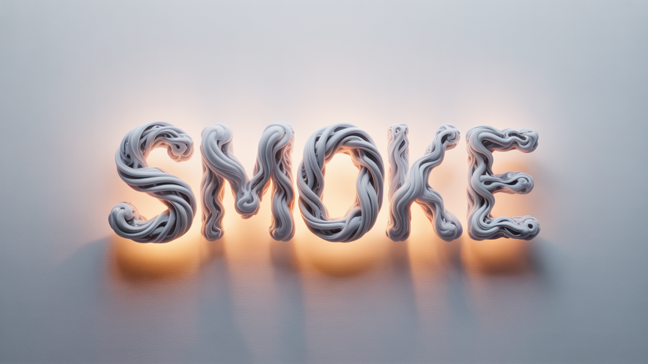 The word 'SMOKE' written in realistic, swirling white smoke letters against a plain white background, illustrating a smoke text effect.