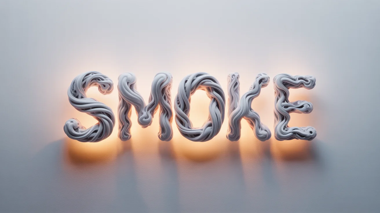 The word 'SMOKE' written in realistic, swirling white smoke letters against a plain white background, illustrating a smoke text effect.