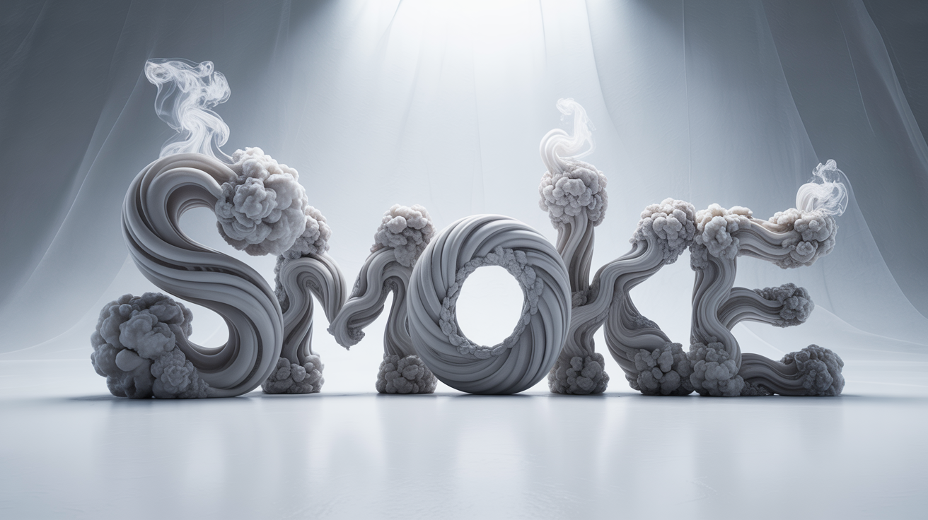 The word 'SMOKE' rendered in realistic, three-dimensional white smoke, with swirling plumes and wisps forming the letters against a clean white background.