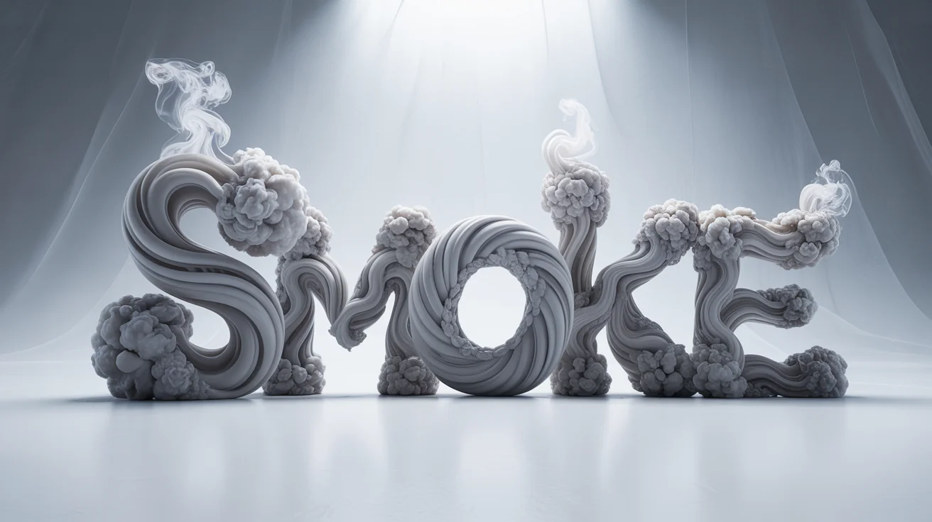 The word 'SMOKE' rendered in realistic, three-dimensional white smoke, with swirling plumes and wisps forming the letters against a clean white background.