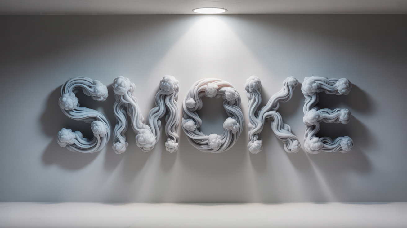 The word 'SMOKE' written in elegant, swirling white smoke against a plain white background, demonstrating a smoke text effect.