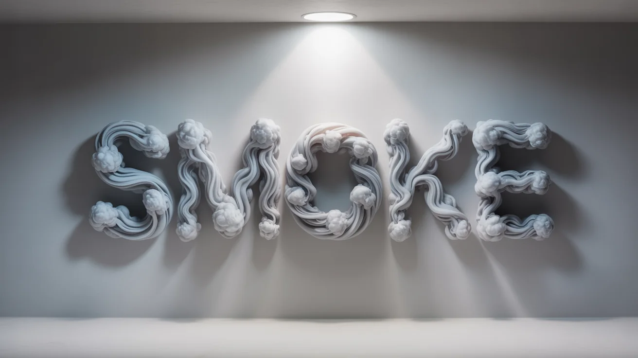 The word 'SMOKE' written in elegant, swirling white smoke against a plain white background, demonstrating a smoke text effect.