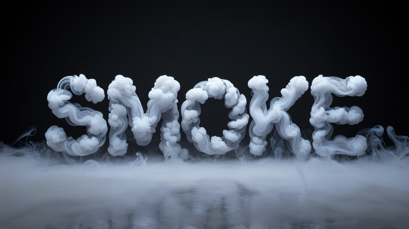 The word "SMOKE" rendered in realistic, three-dimensional white smoke, set against a solid black background, showcasing a smoke text effect.