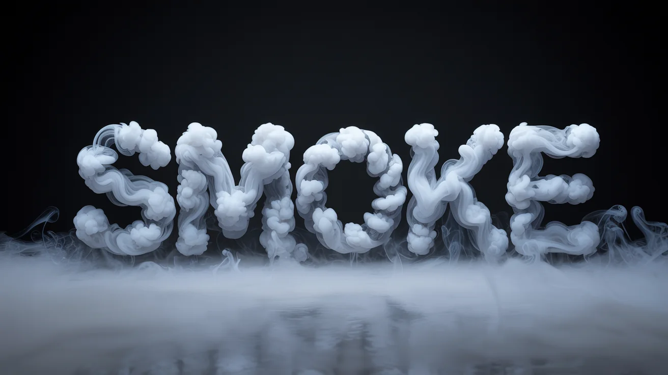 The word "SMOKE" rendered in realistic, three-dimensional white smoke, set against a solid black background, showcasing a smoke text effect.