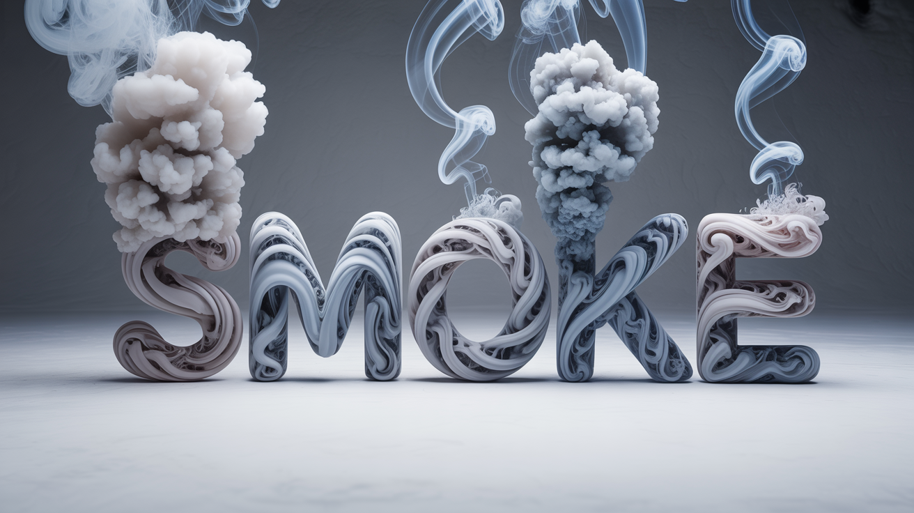 The word 'SMOKE' is written in hyper-realistic, thick white smoke, with delicate wisps trailing off, set against a solid white background.