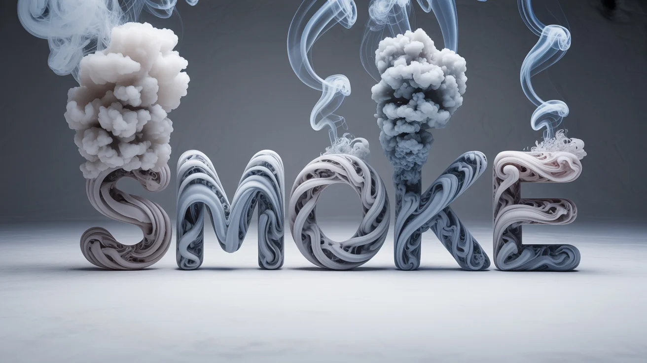 The word 'SMOKE' is written in hyper-realistic, thick white smoke, with delicate wisps trailing off, set against a solid white background.