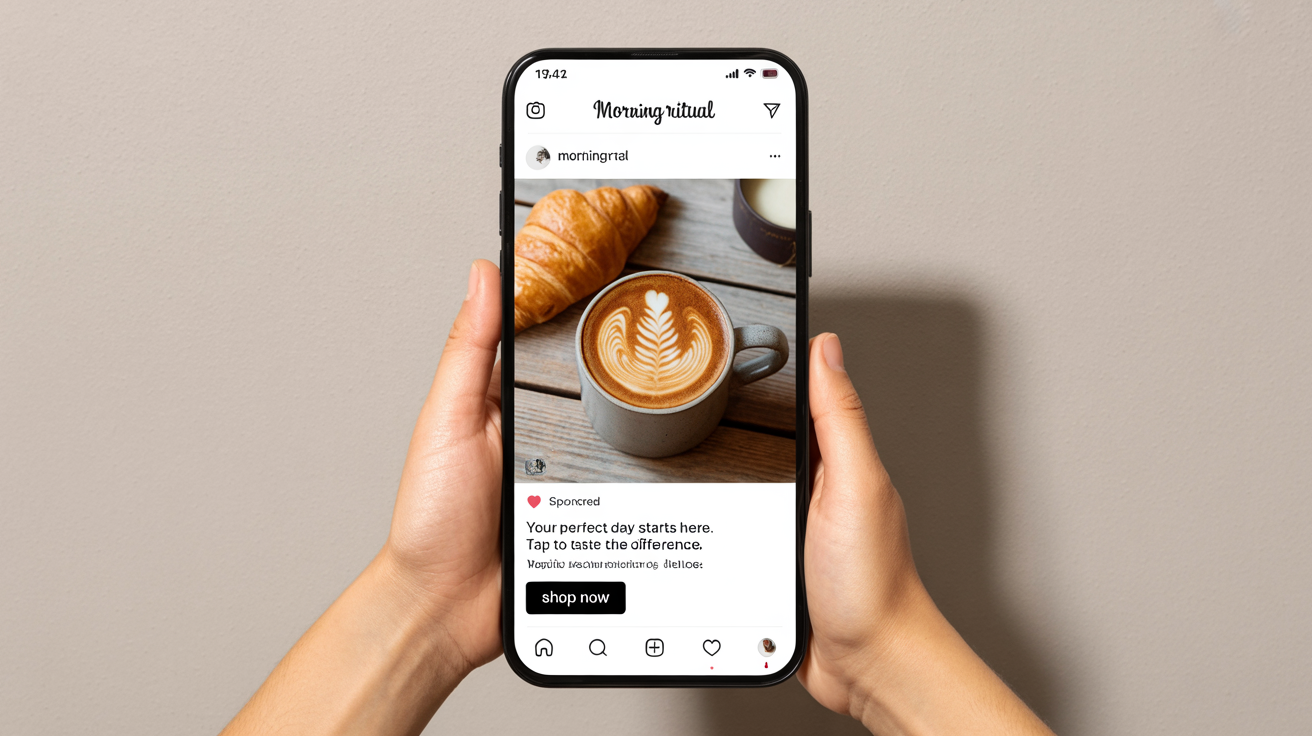 A final, polished Instagram ad mockup for a coffee brand named 'Morning Ritual', shown on a smartphone screen as the finished product.