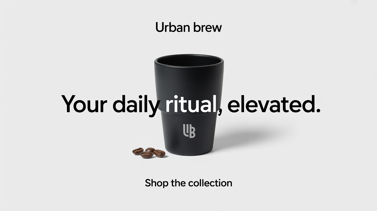 An Instagram ad mockup for a modern coffee brand called 'URBAN BREW'. It features a sleek matte black coffee cup and coffee beans on a white background with the text 'Your Daily Ritual, Elevated. Shop The Collection.'
