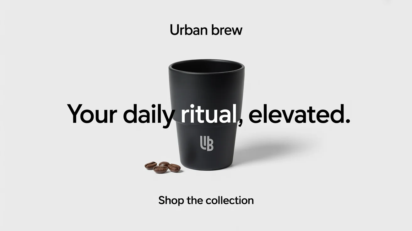 An Instagram ad mockup for a modern coffee brand called 'URBAN BREW'. It features a sleek matte black coffee cup and coffee beans on a white background with the text 'Your Daily Ritual, Elevated. Shop The Collection.'