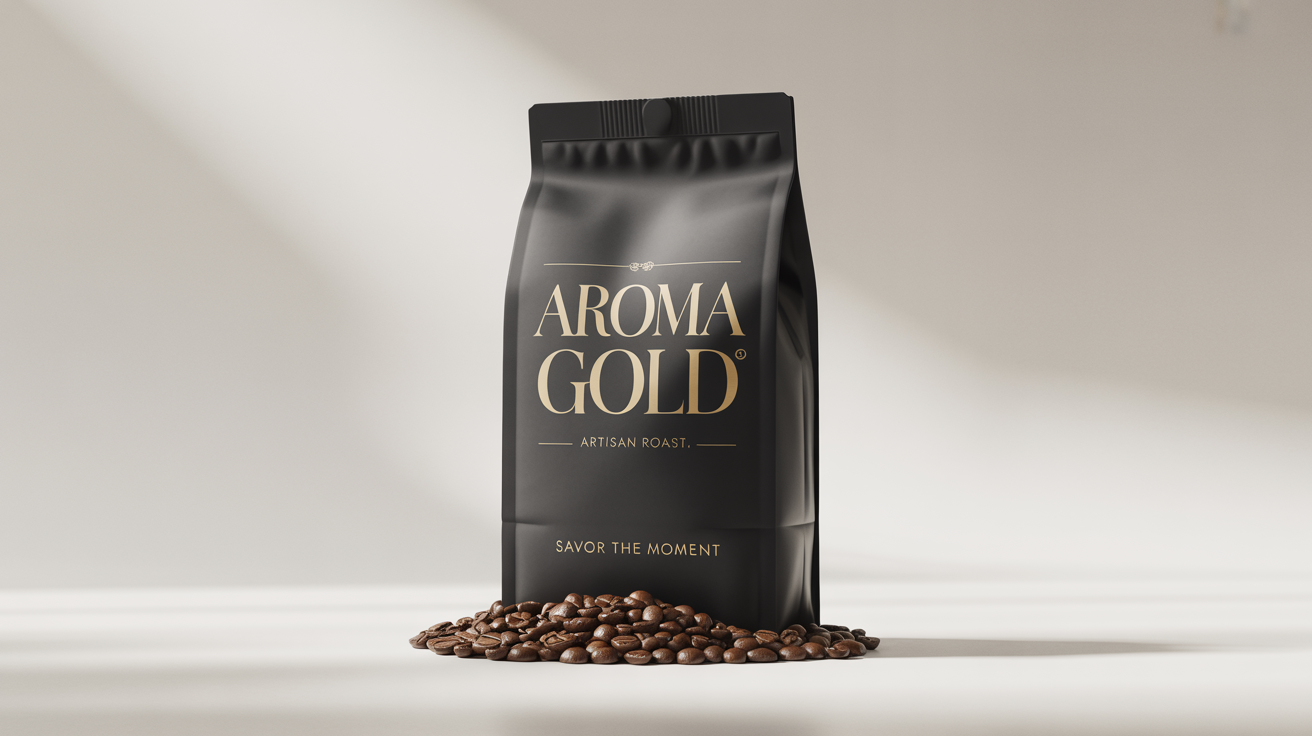 A professional mockup of an Instagram ad for a luxury coffee brand, showing a matte black coffee bag with gold text reading 'Aroma Gold' on a clean white background.