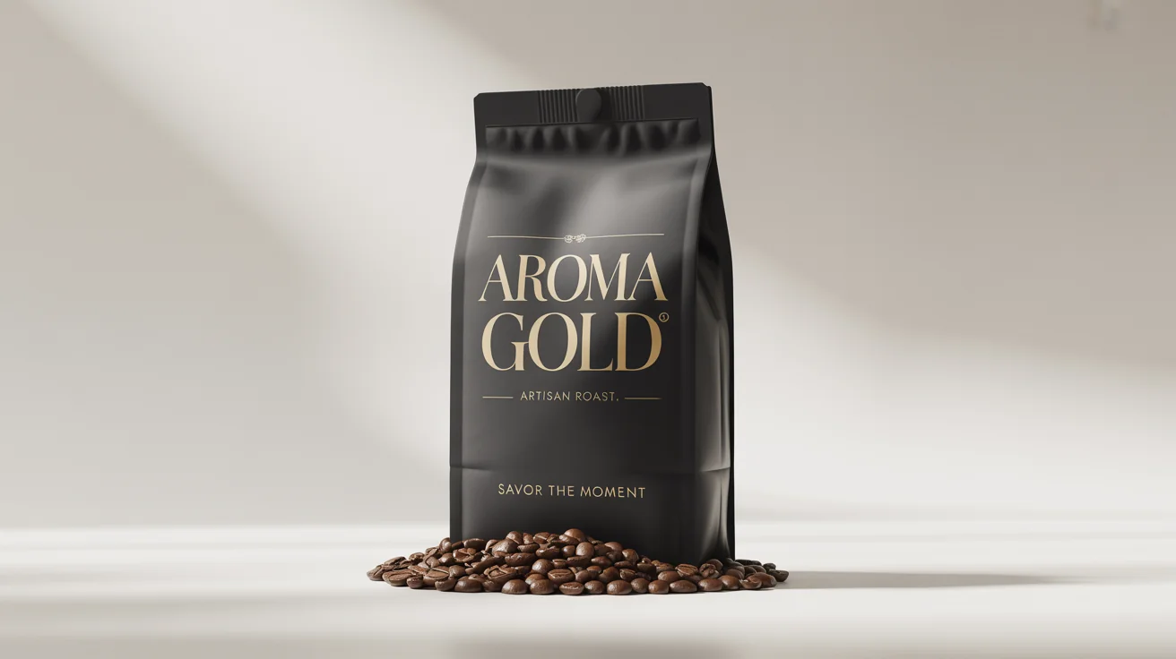 A professional mockup of an Instagram ad for a luxury coffee brand, showing a matte black coffee bag with gold text reading 'Aroma Gold' on a clean white background.
