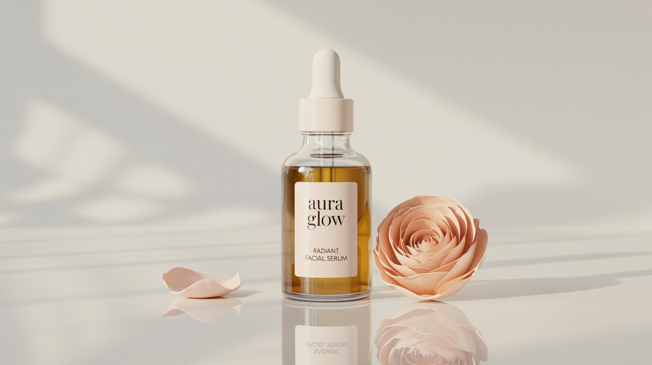 A mockup of a chic Instagram ad showcasing a luxury facial serum bottle labeled 'Aura Glow' on a clean, white surface, with a single pink flower petal.