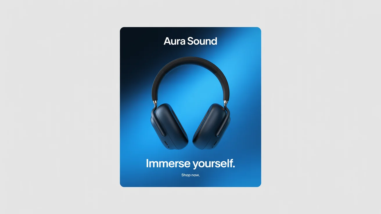 A professional mockup of a square Instagram ad for a fictional brand 'AURA SOUND'. The ad shows sleek black wireless headphones against a bright blue background with the call to action 'Shop Now'.