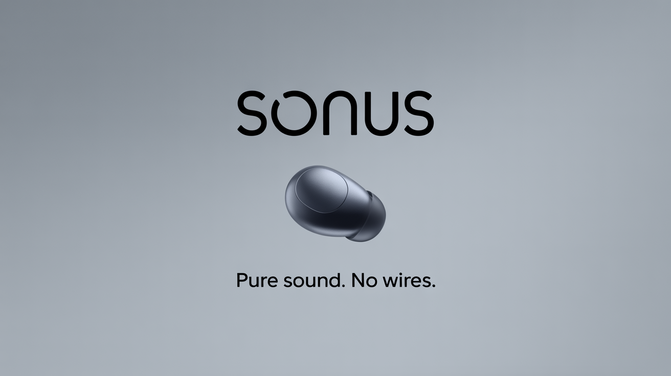 An Instagram ad mockup featuring a single black wireless earbud floating against a light grey background, with the fictional brand name 'SONUS' and tagline 'Pure Sound. No Wires.'