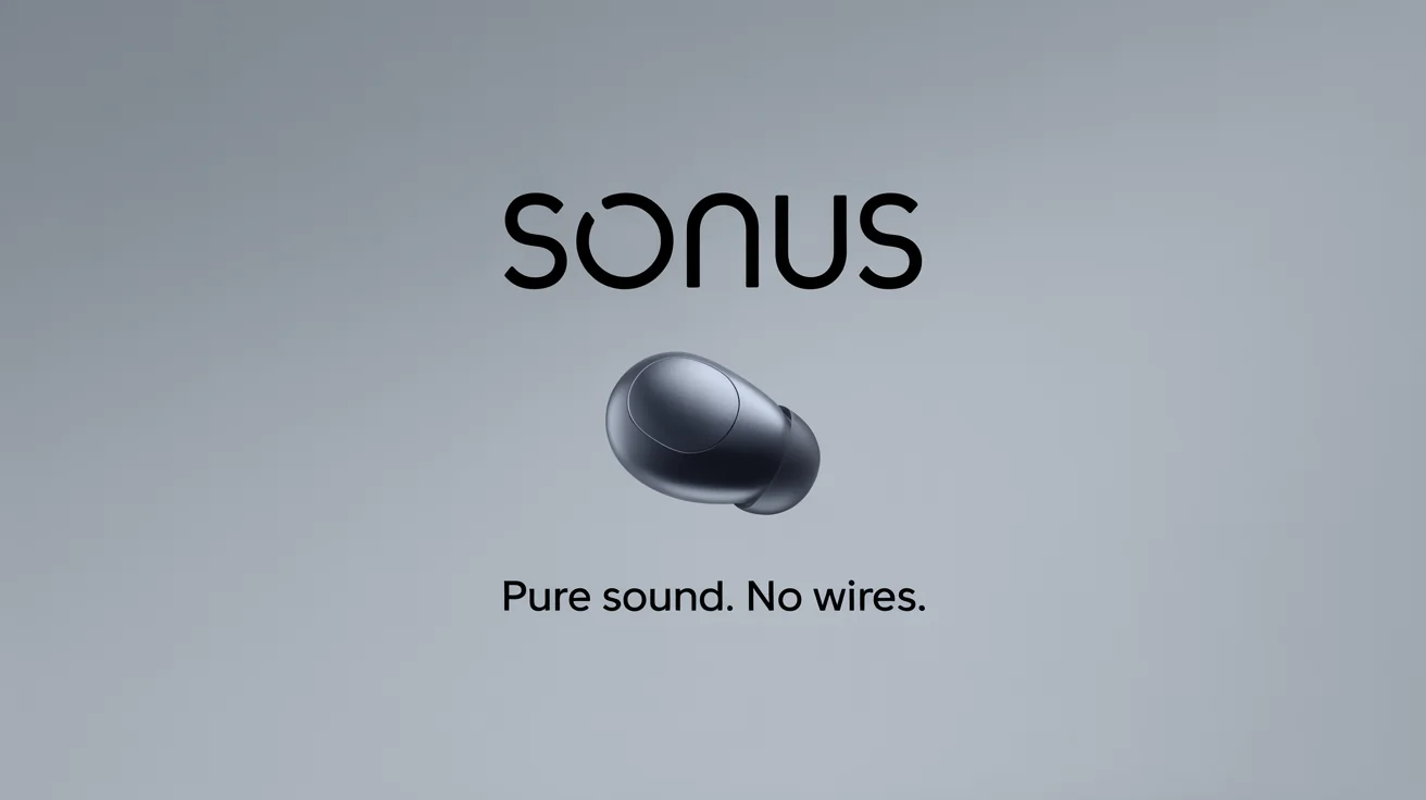 An Instagram ad mockup featuring a single black wireless earbud floating against a light grey background, with the fictional brand name 'SONUS' and tagline 'Pure Sound. No Wires.'