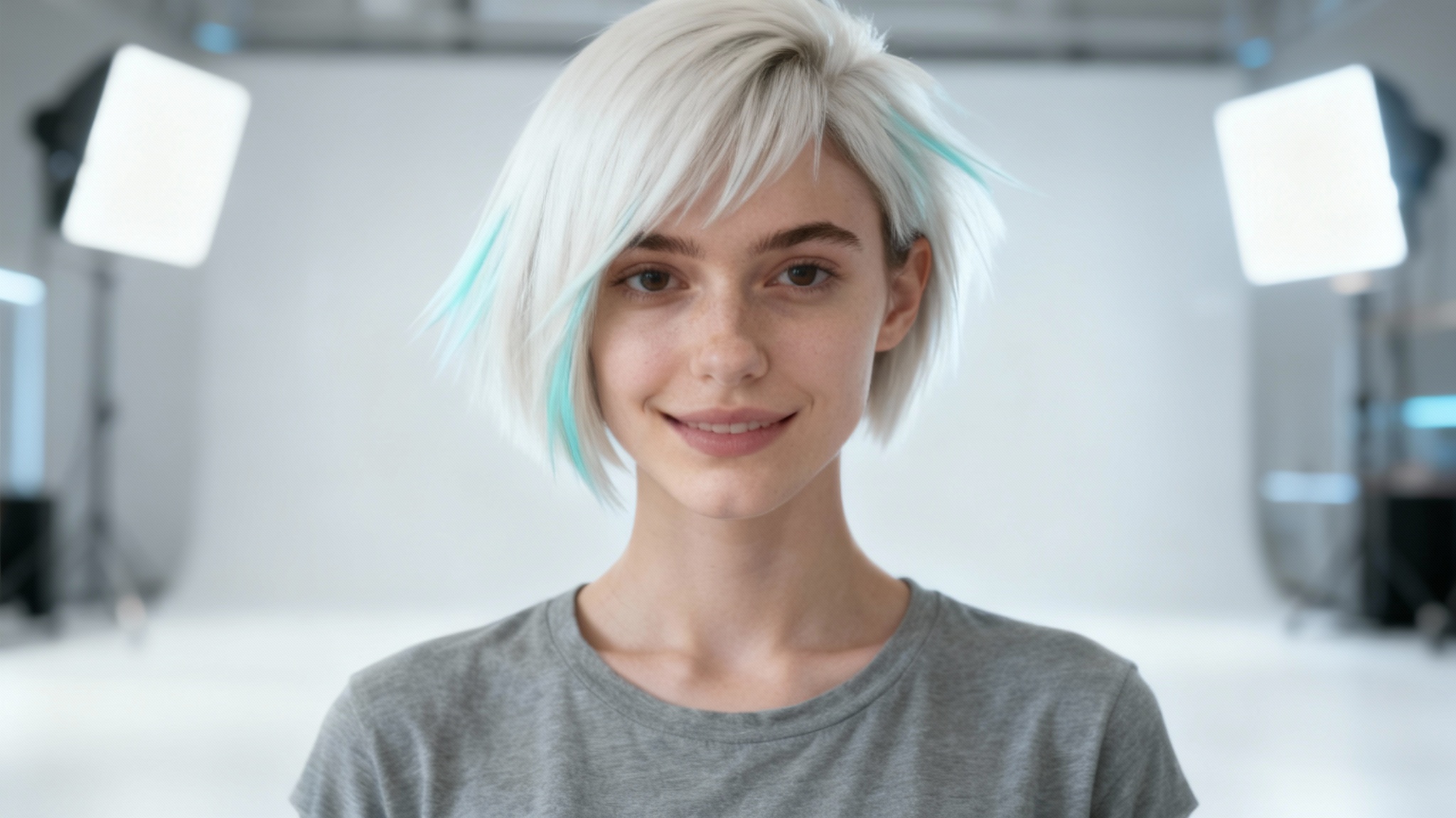 A close-up shot of a young woman with a new AI-generated hairstyle: a futuristic, sharp, platinum blonde asymmetrical bob with glowing cyan highlights, set against a blurred studio background.