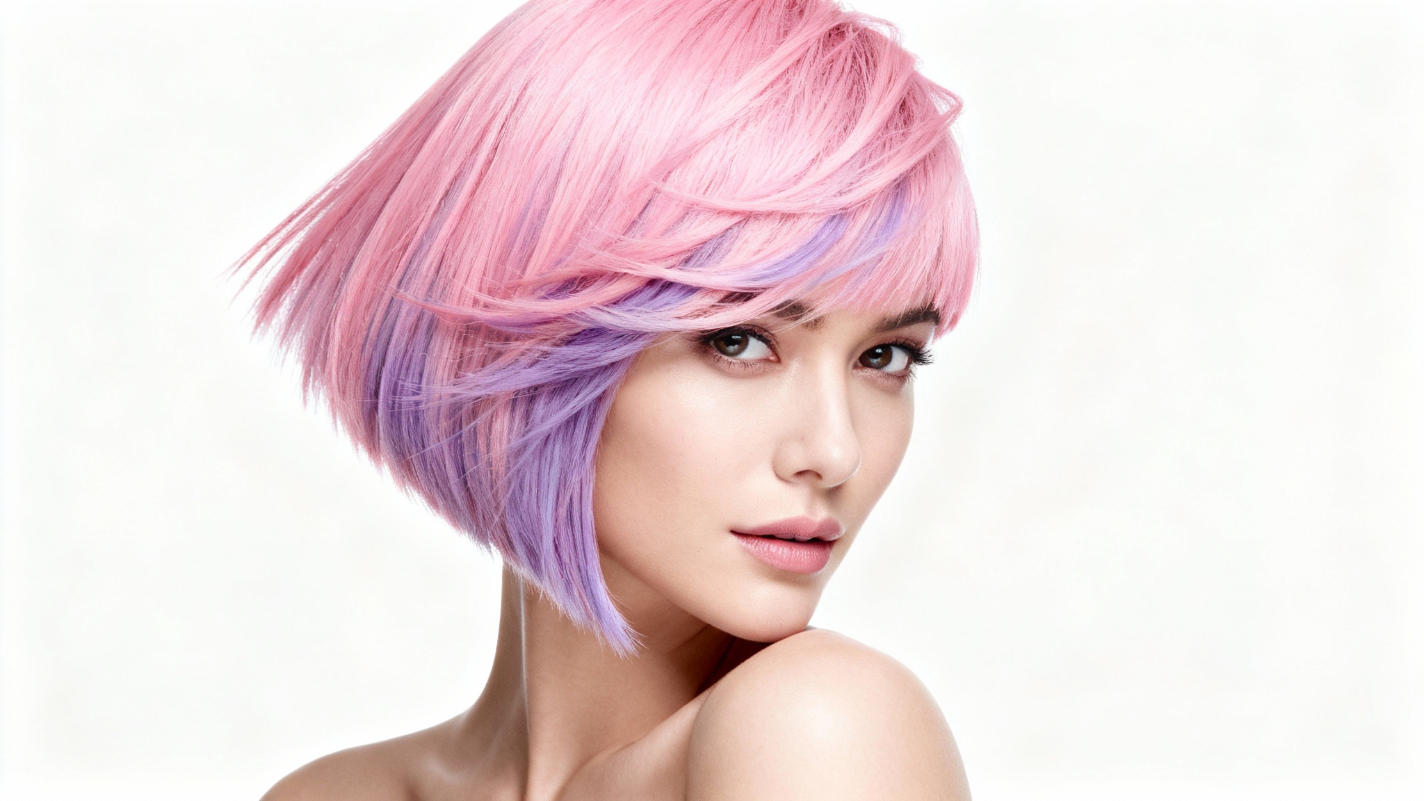A woman with a stylish, modern pink and lavender bob hairstyle in a professional studio photo against a white background, showcasing a new haircut.