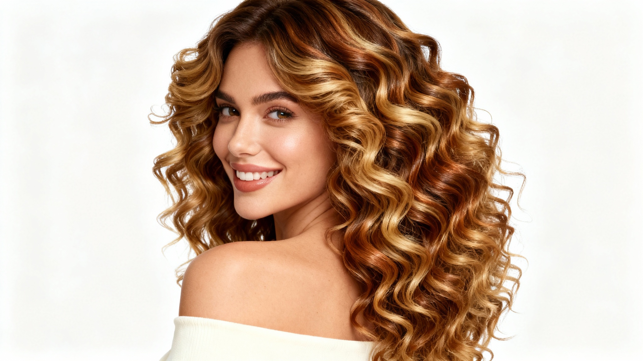 A professional studio photograph of a woman with a voluminous, curly balayage hairstyle, smiling against a solid white background.