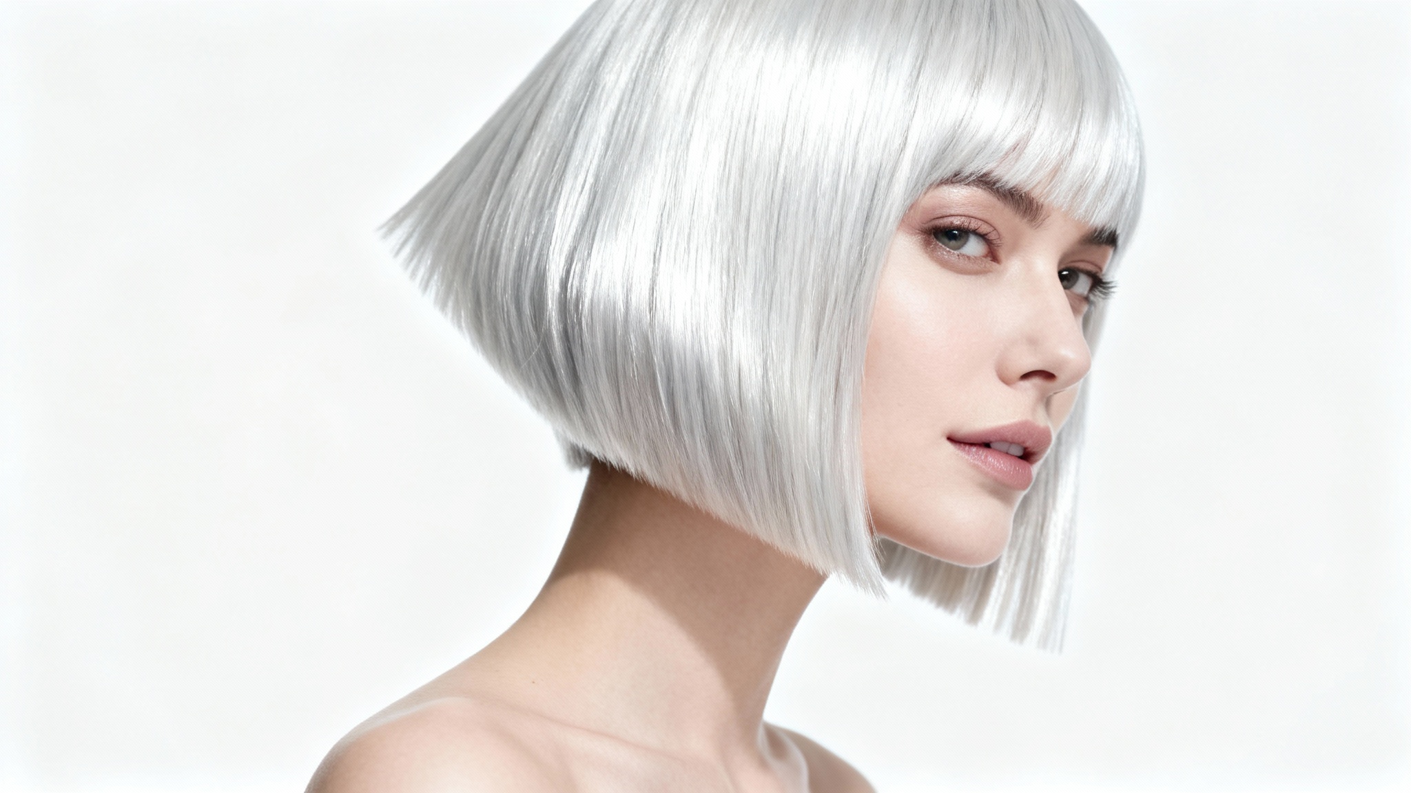 A close-up studio photograph of a woman with a perfectly styled, modern silver-blonde asymmetrical bob haircut against a plain white background.