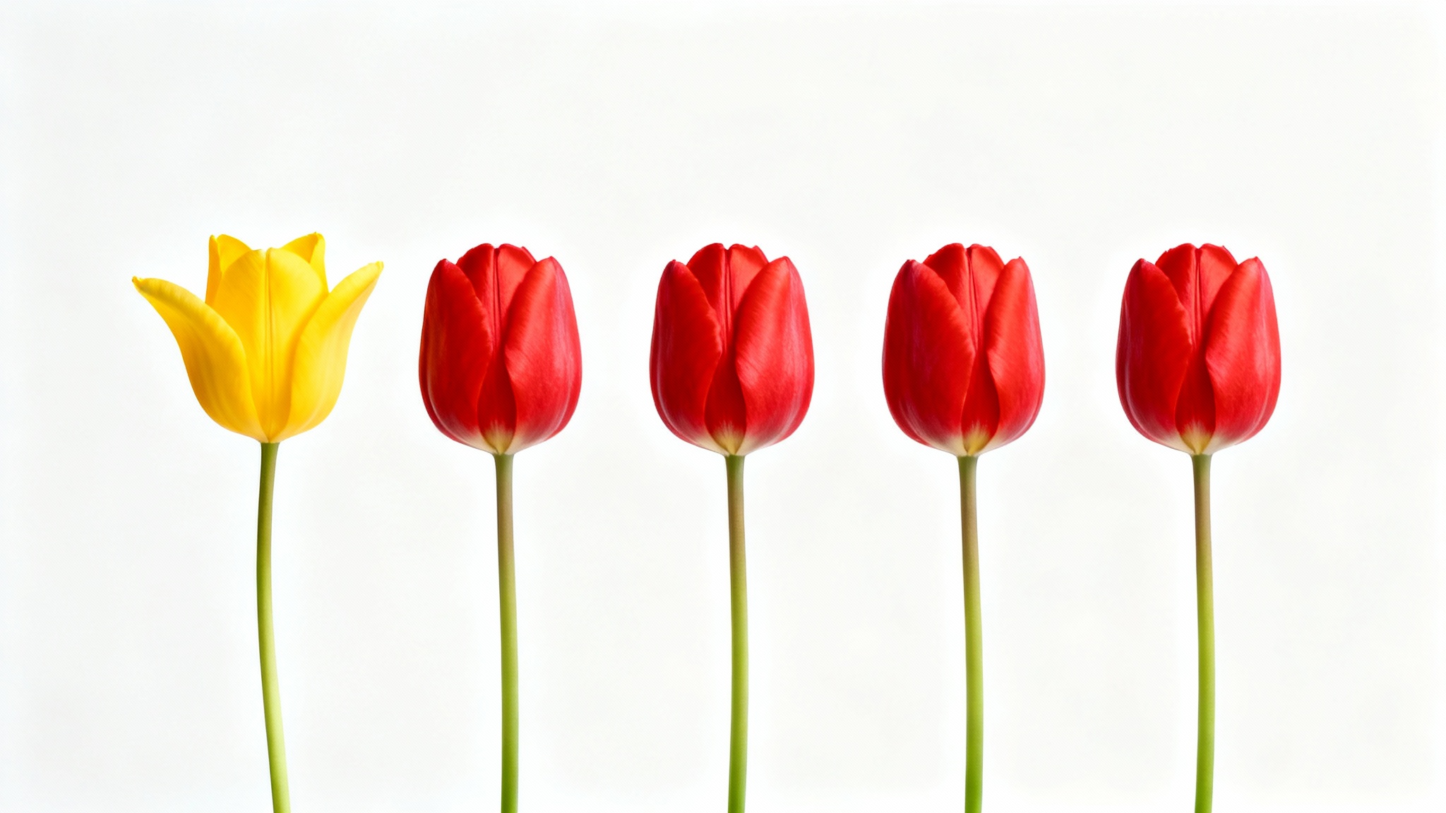 A conceptual image illustrating variance, showing a row of five tulips against a white background. Four tulips are identical and red, while the middle one is yellow and slightly different, representing an outlier.