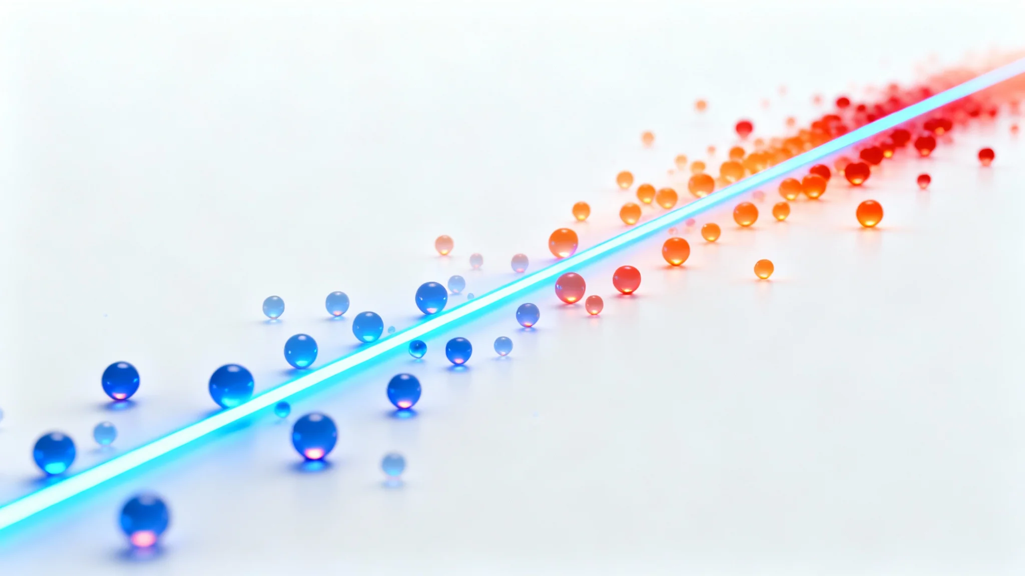 An abstract 3D visualization of statistical variance, showing a central blue line with many glowing spheres scattered around it. Spheres far from the line are colored orange and red, representing high variance.