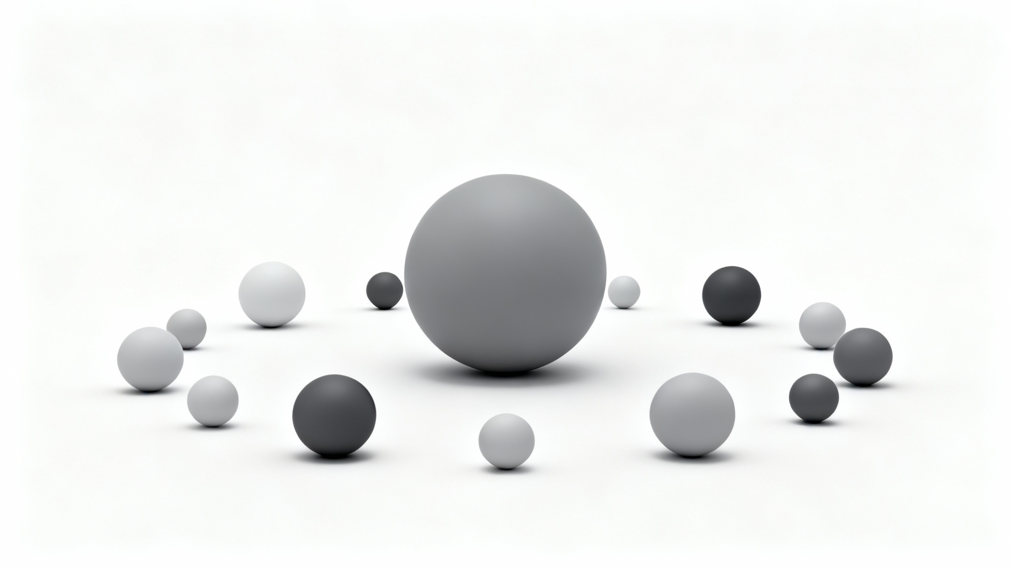 A conceptual 3D render illustrating variance, featuring a perfect gray sphere in the center surrounded by other spheres of various sizes and shades of gray, all on a white background.
