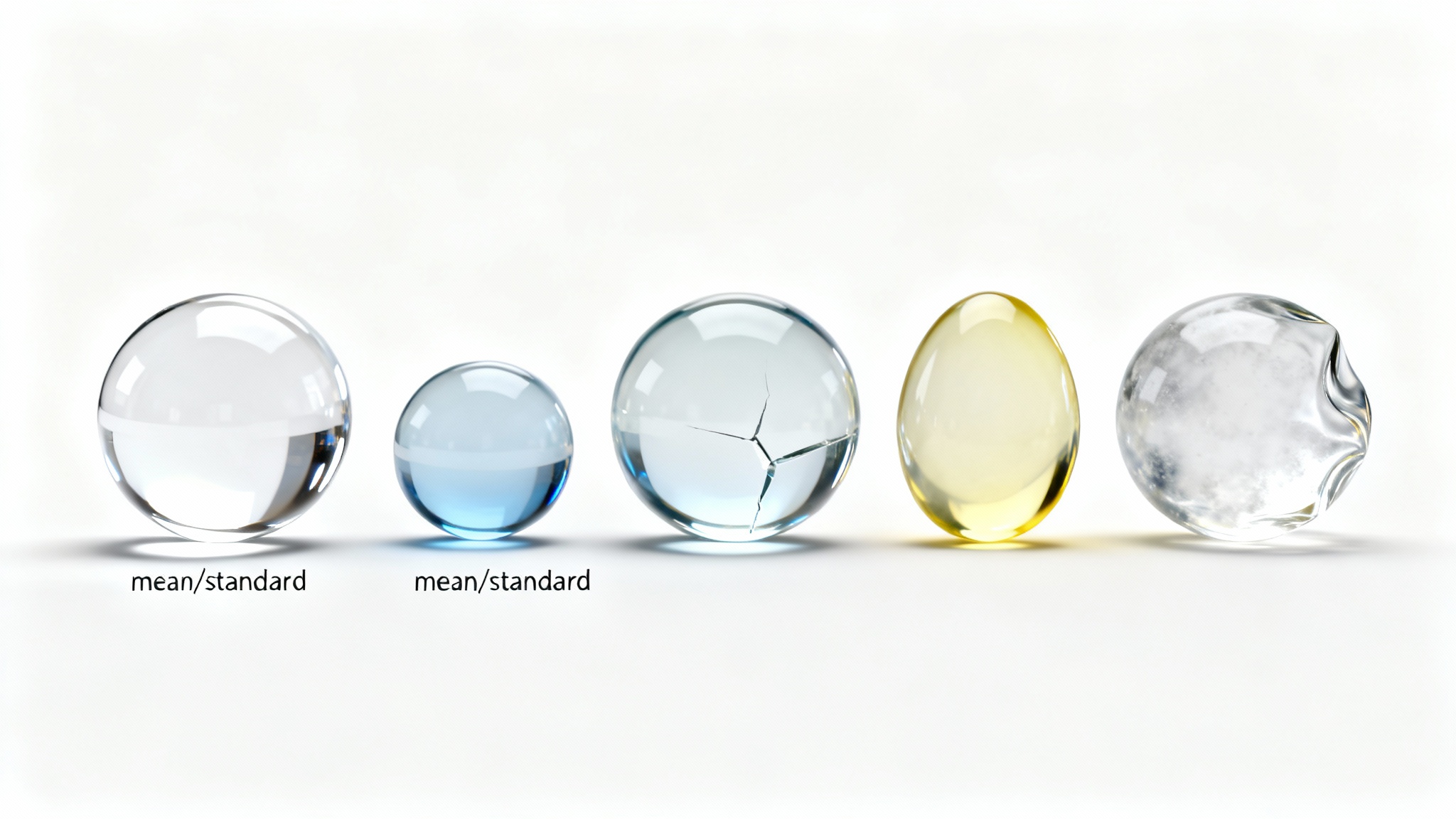 An abstract visualization of variance, showing a line of five glass spheres on a white background. The first is perfect, while the others progressively show more distortion in shape, color, and clarity.