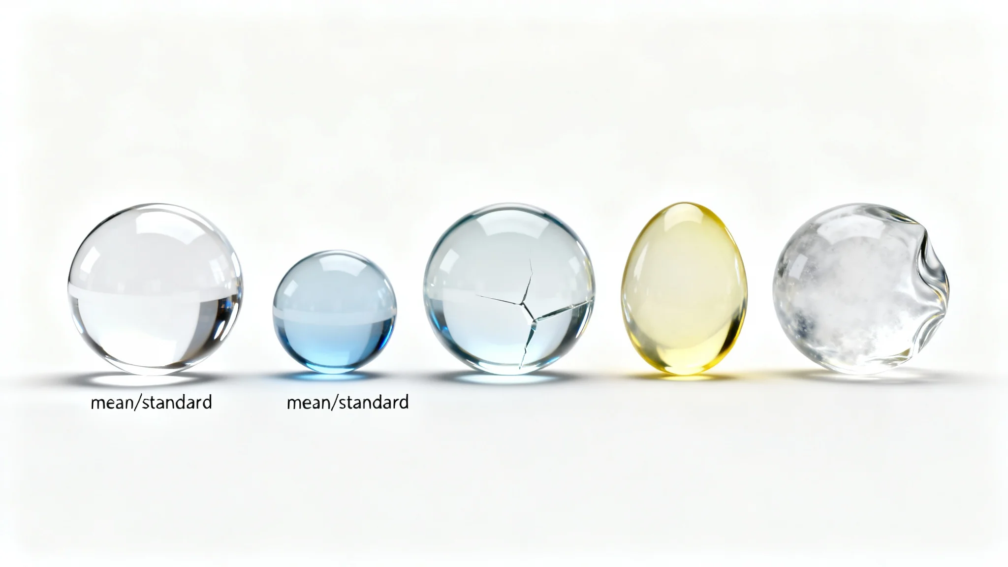 An abstract visualization of variance, showing a line of five glass spheres on a white background. The first is perfect, while the others progressively show more distortion in shape, color, and clarity.