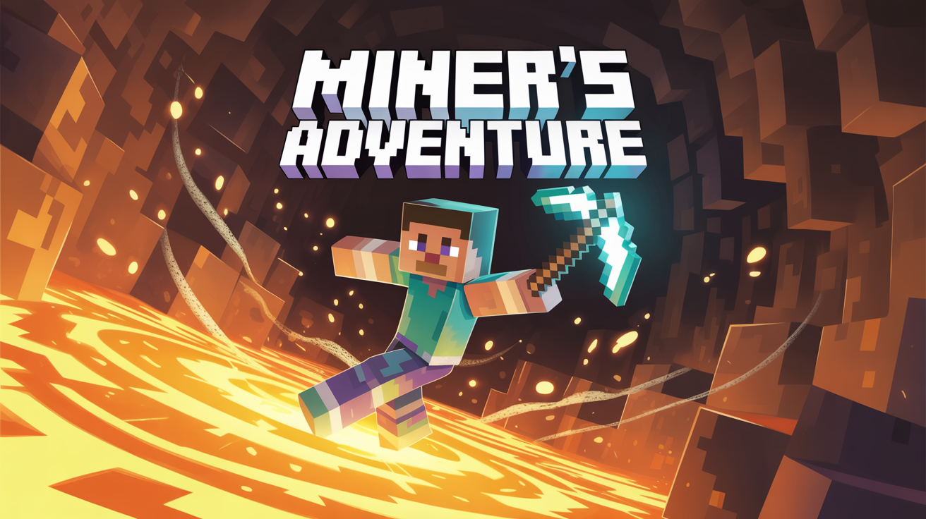 A polished and dynamic Minecraft YouTube banner showing a character in a cave, with the text 'MINER'S ADVENTURE' in a stylized 3D font.