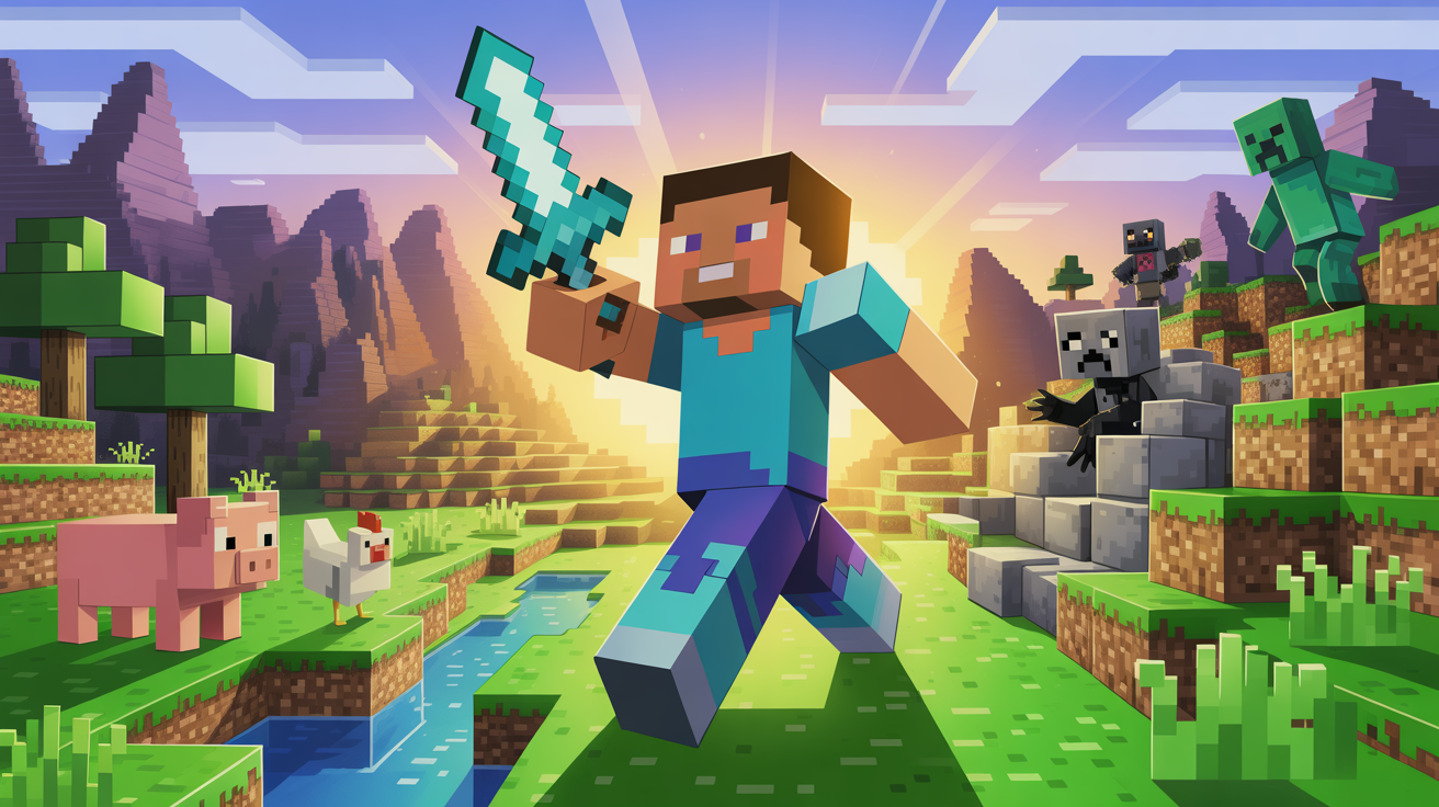 A mockup of a Minecraft YouTube banner for a channel named 'BlockQuest', featuring a character in diamond armor at the center of a blocky landscape with various mobs, set against a white background.