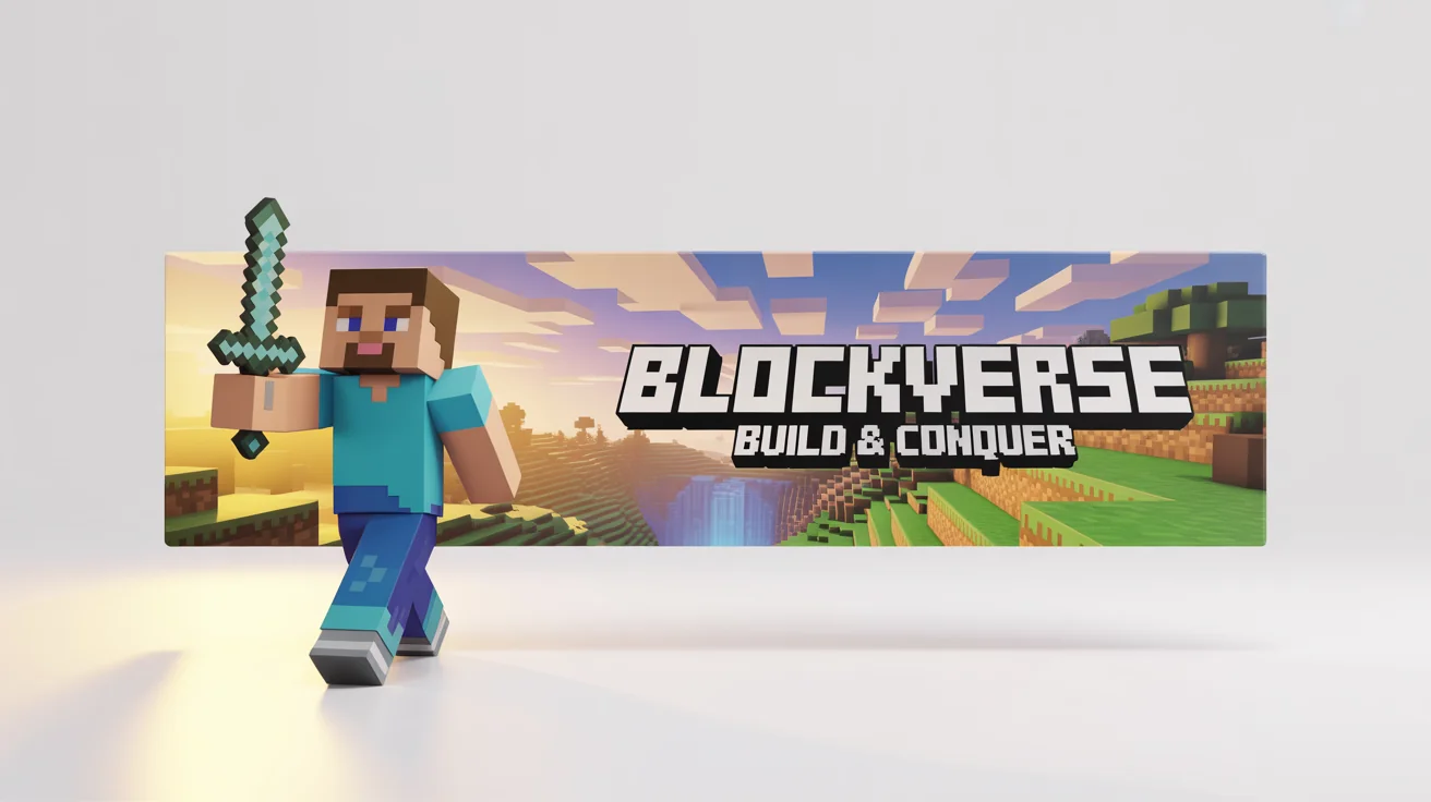 A mockup of a vibrant Minecraft-themed YouTube banner. It features a 3D blocky character with a sword, a pixelated landscape at sunset, and the channel name 'BLOCKVERSE' written in a large, pixelated font.