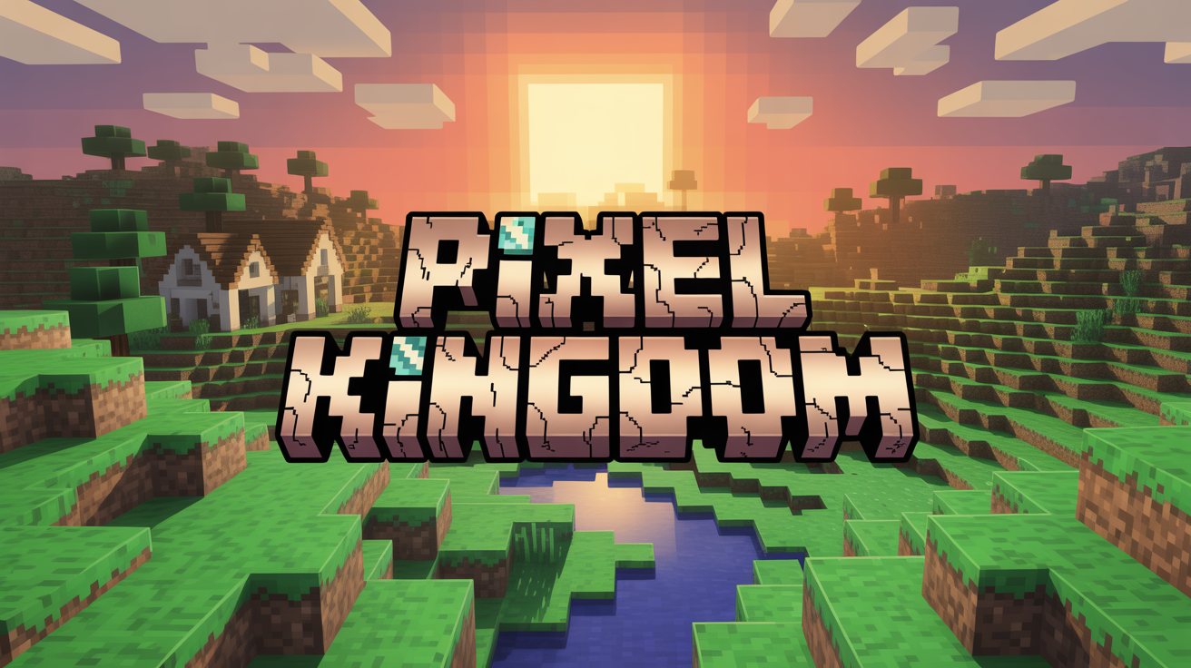 A mockup of a YouTube banner for a Minecraft channel. The banner shows a scenic, blocky world at sunset with the title 'Pixel Kingdom' in a stylized 3D font.