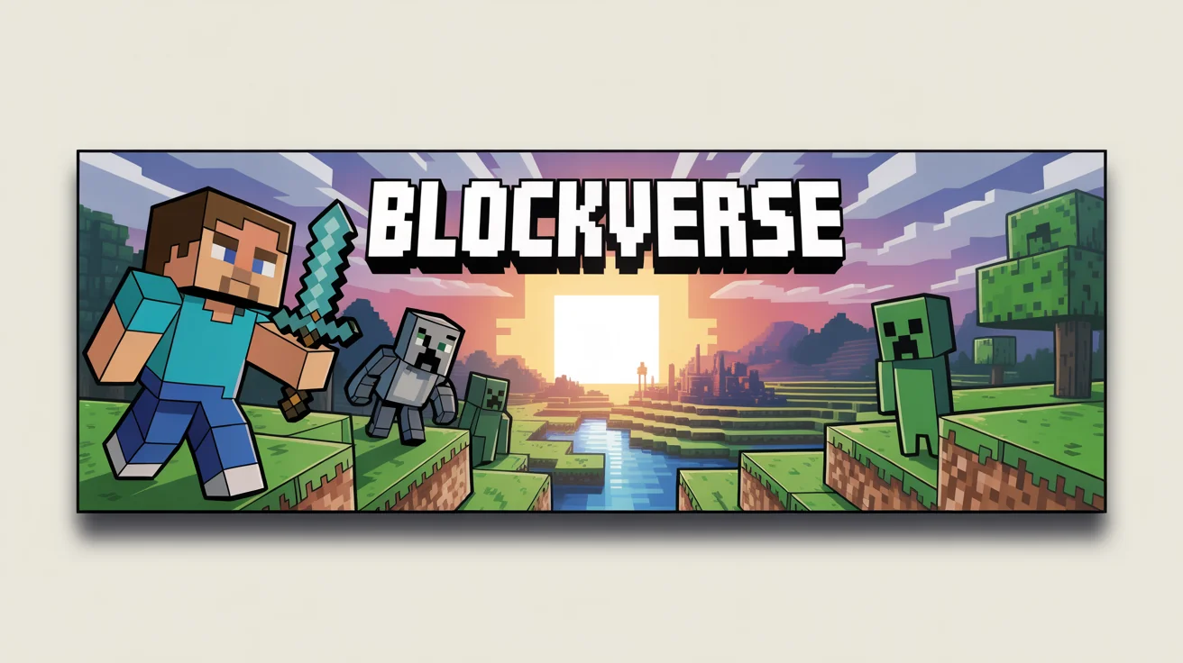 A mockup of a Minecraft-themed YouTube banner with the channel name 'BlockVerse', featuring a character in diamond armor and mobs against a vibrant game landscape.