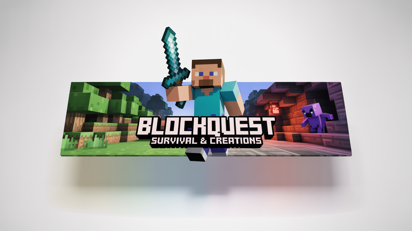 A mockup of a Minecraft YouTube banner for a channel named 'BlockQuest'. The banner features a character in diamond armor standing between a forest and a cave, rendered in a 3D blocky style.