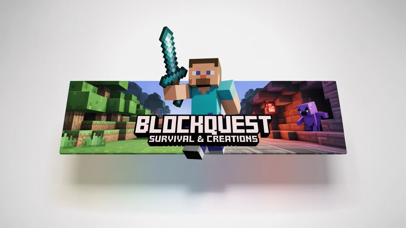 A mockup of a Minecraft YouTube banner for a channel named 'BlockQuest'. The banner features a character in diamond armor standing between a forest and a cave, rendered in a 3D blocky style.