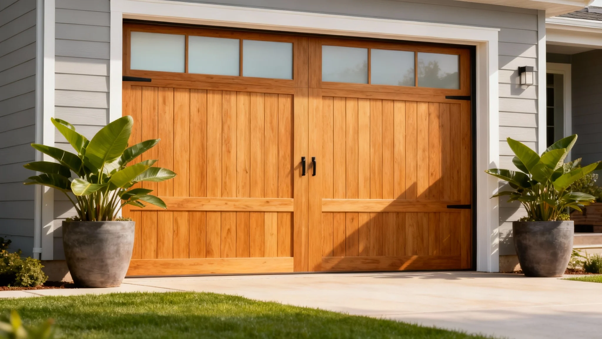 A photorealistic image of a modern home's exterior, showcasing a beautiful warm cedar wood garage door with vertical slats and a row of frosted glass panels. The light gray house and manicured lawn create a clean, upscale setting, demonstrating a garage door design visualization.