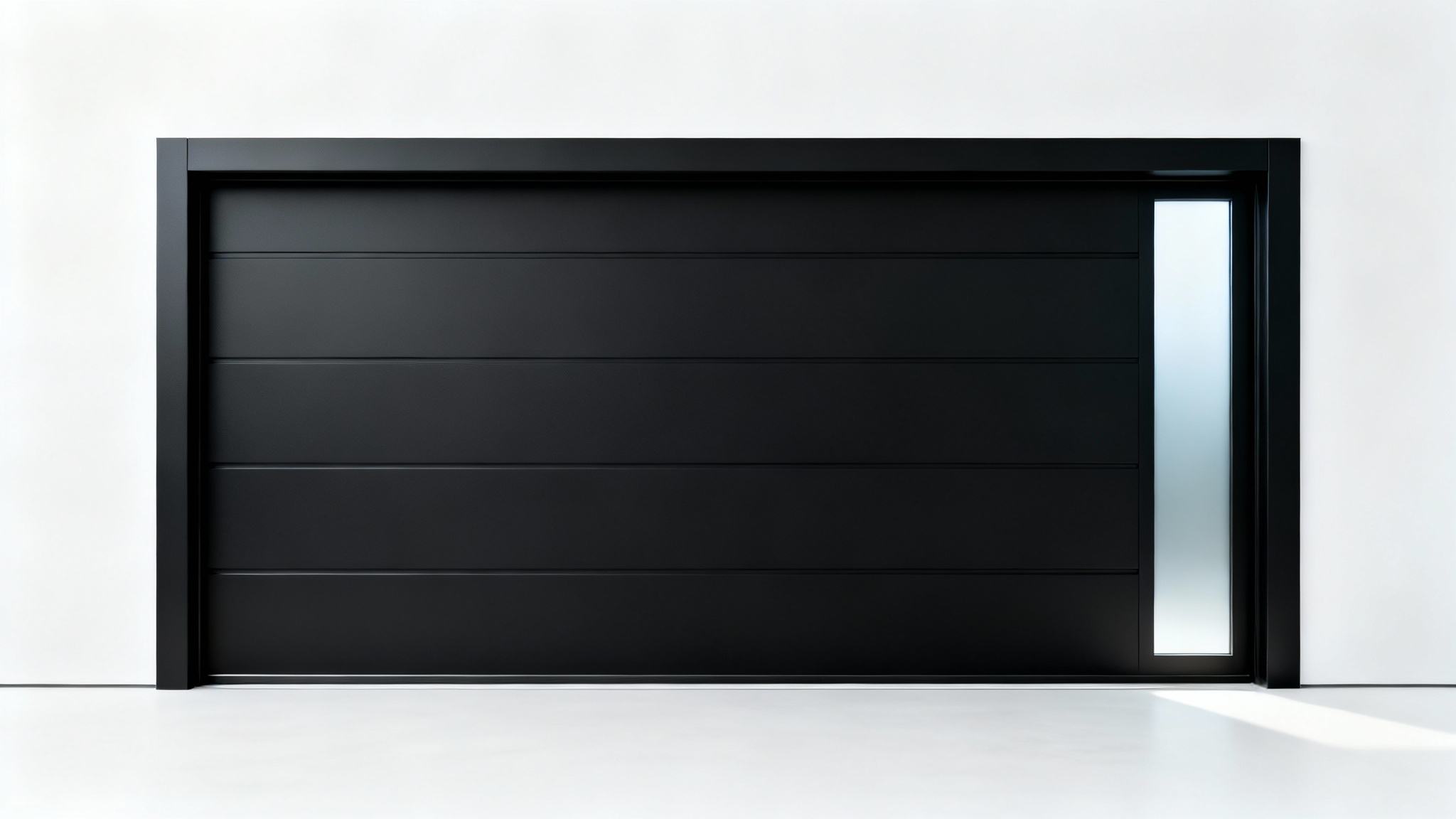 A modern, matte black single-car garage door with a vertical strip of frosted windows, presented as a product shot on a white background.