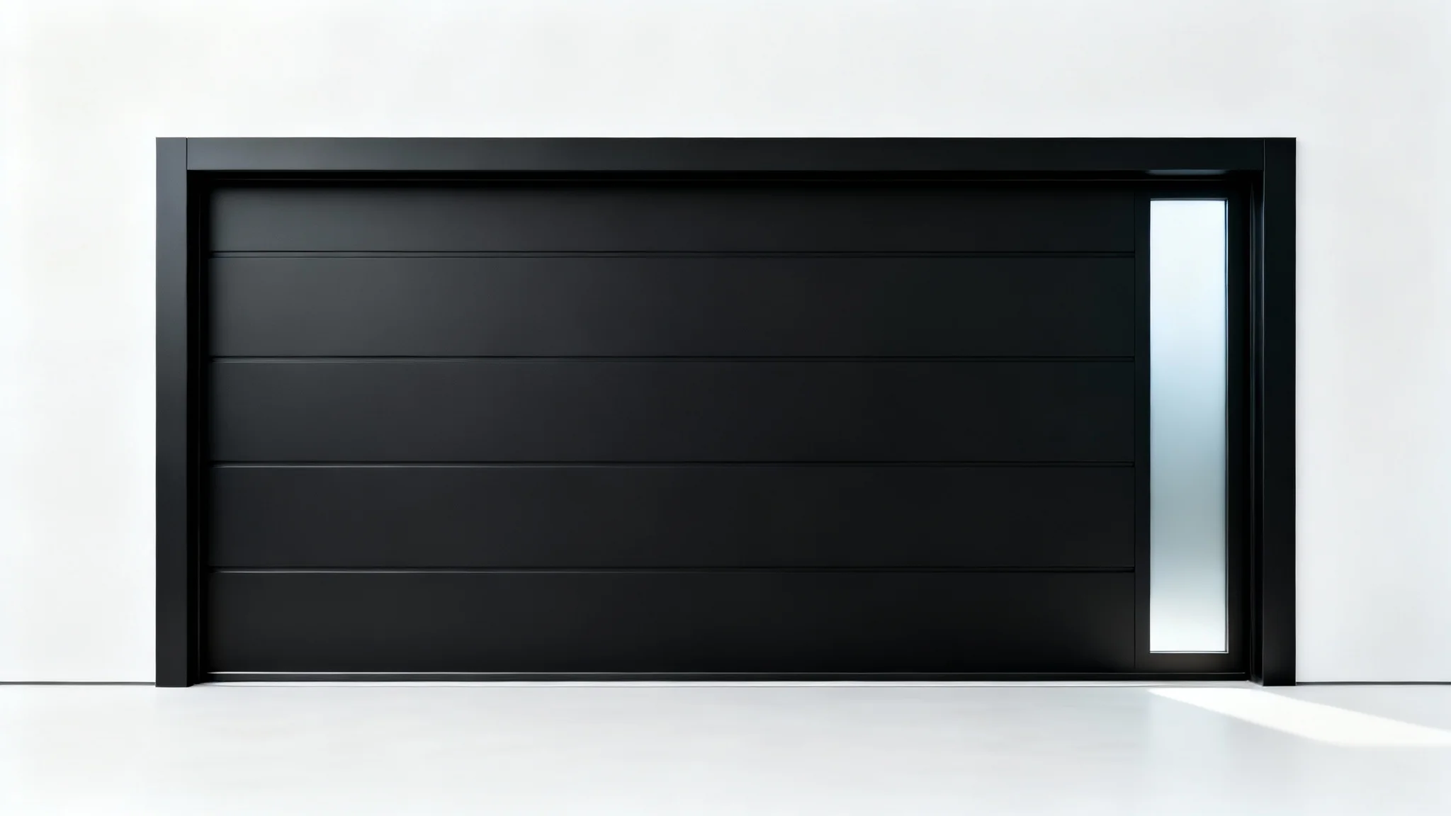 A modern, matte black single-car garage door with a vertical strip of frosted windows, presented as a product shot on a white background.