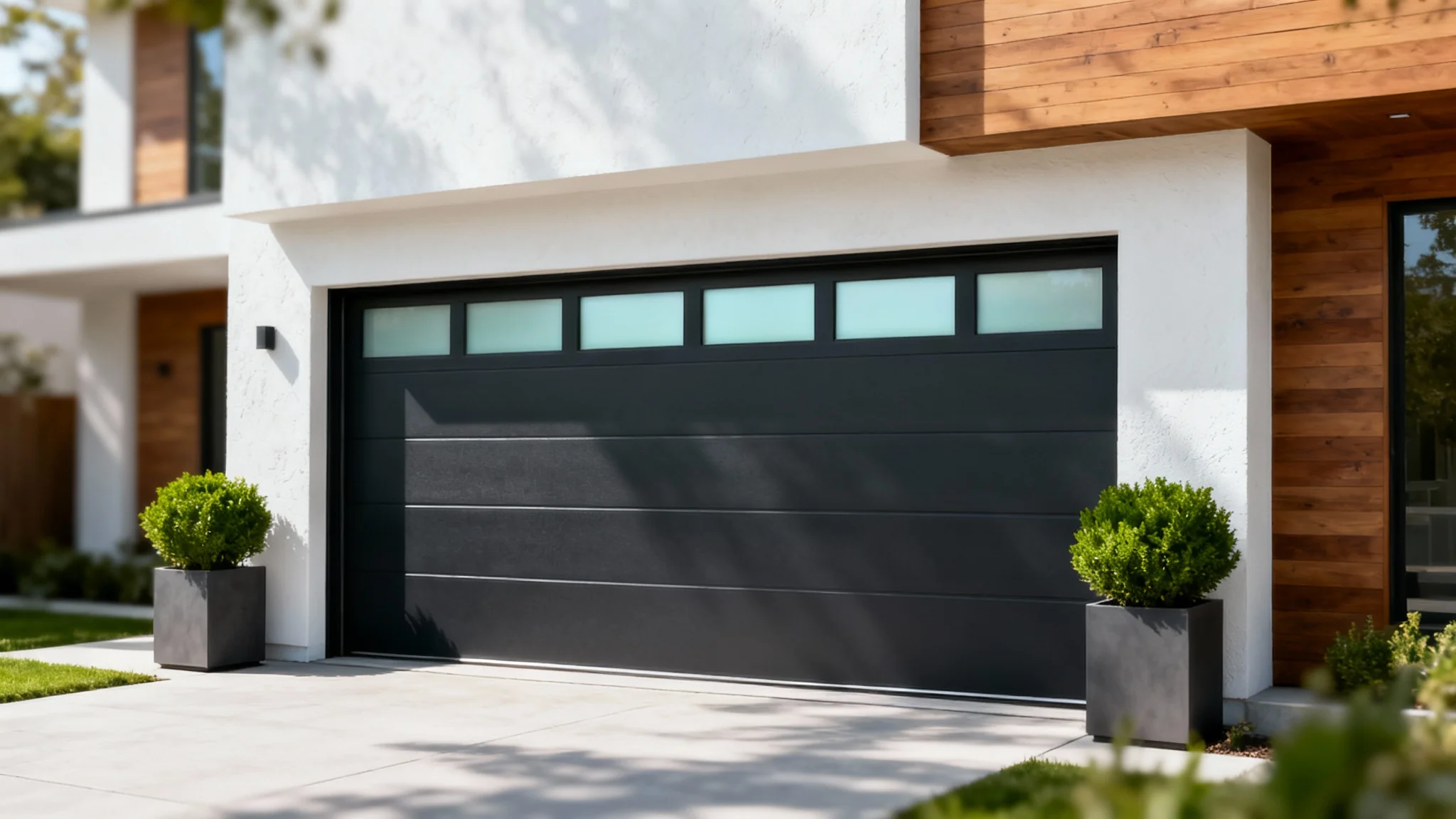 A modern, dark charcoal garage door with frosted glass windows, installed on a beautiful contemporary home with a clean driveway.